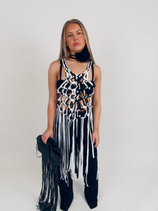 Knotted Black/White Fringe Top